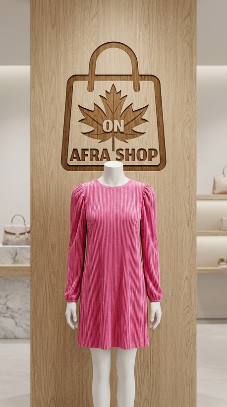 پیراهن کوتاه آستین پفی مخمل کبریتی (صورتی) – Women’s Pink Corduroy Puff Sleeve Mini Dress