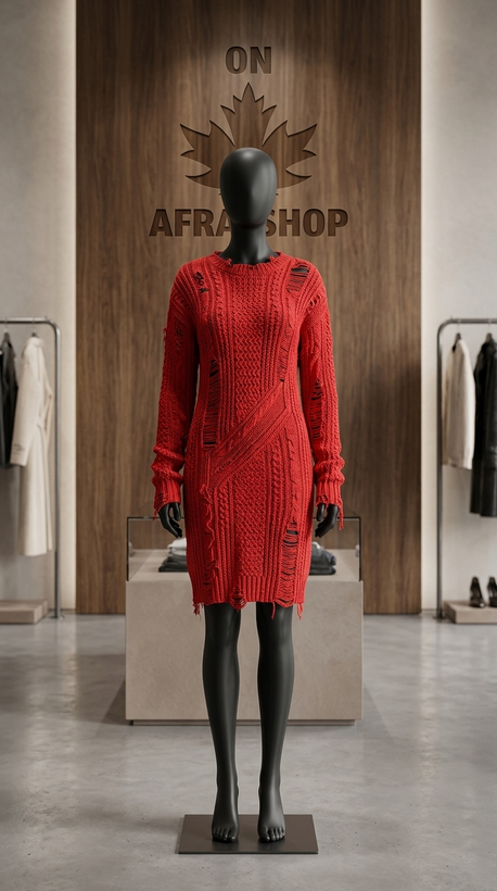 پیراهن بافتنی قرمز زاپدار – Women’s Red Distressed Cable Knit Dress