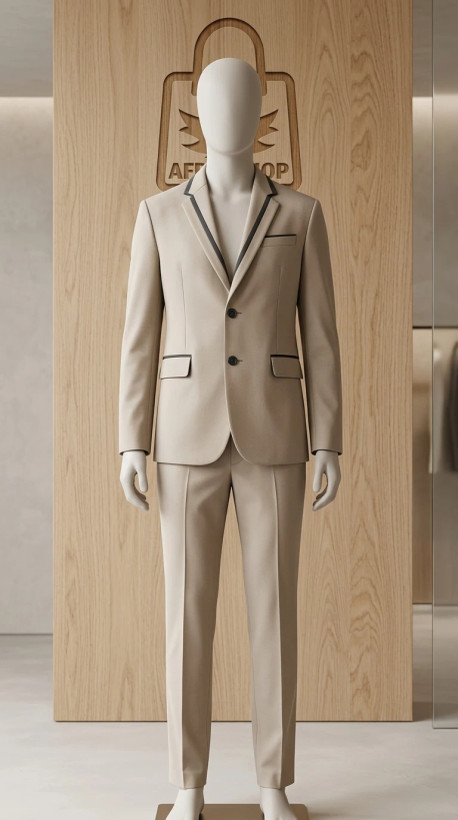 کت و شلوار مردانه بژ با حاشیهدوزی مشکی (Contrast Piping Modern Suit)