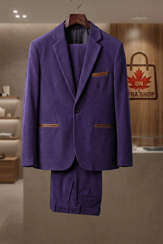 کت و شلوار مردانه مخمل کبریتی بنفش با جزئیات چرمی – Men’s Deep Purple Corduroy Suit with Leather Trim