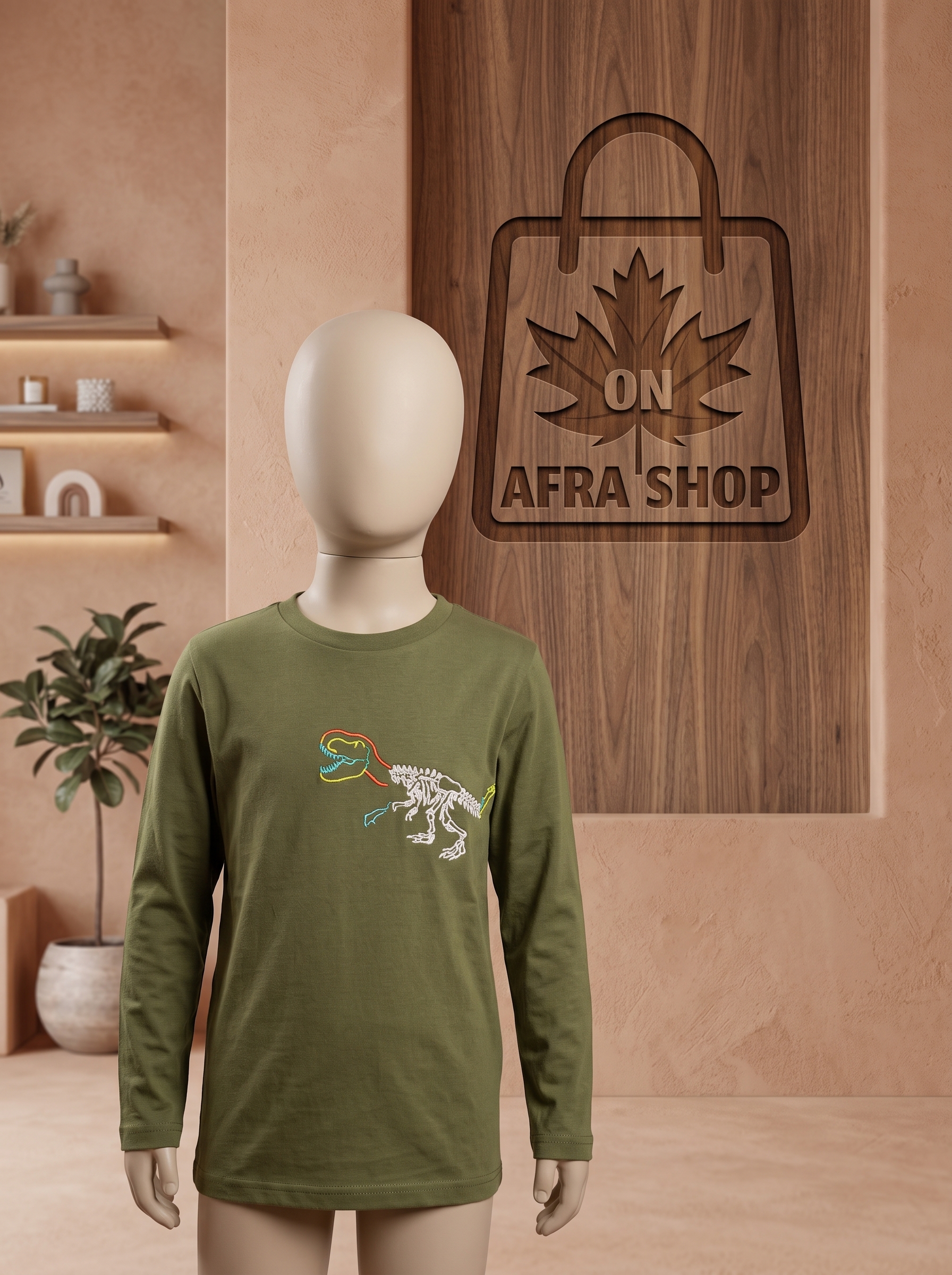 تی‌شرت آستین‌بلند طرح دایناسور (رنگ زیتونی)